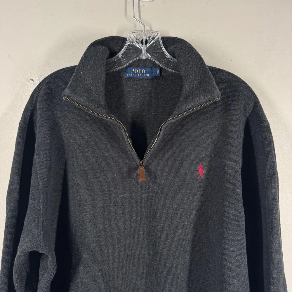 Polo Ralph Lauren Mens 1/4 Zip Pullover Charcoal Gray Black Cotton Sweater Sz L